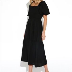 MTL Black Puff Sleeve Midi Dress